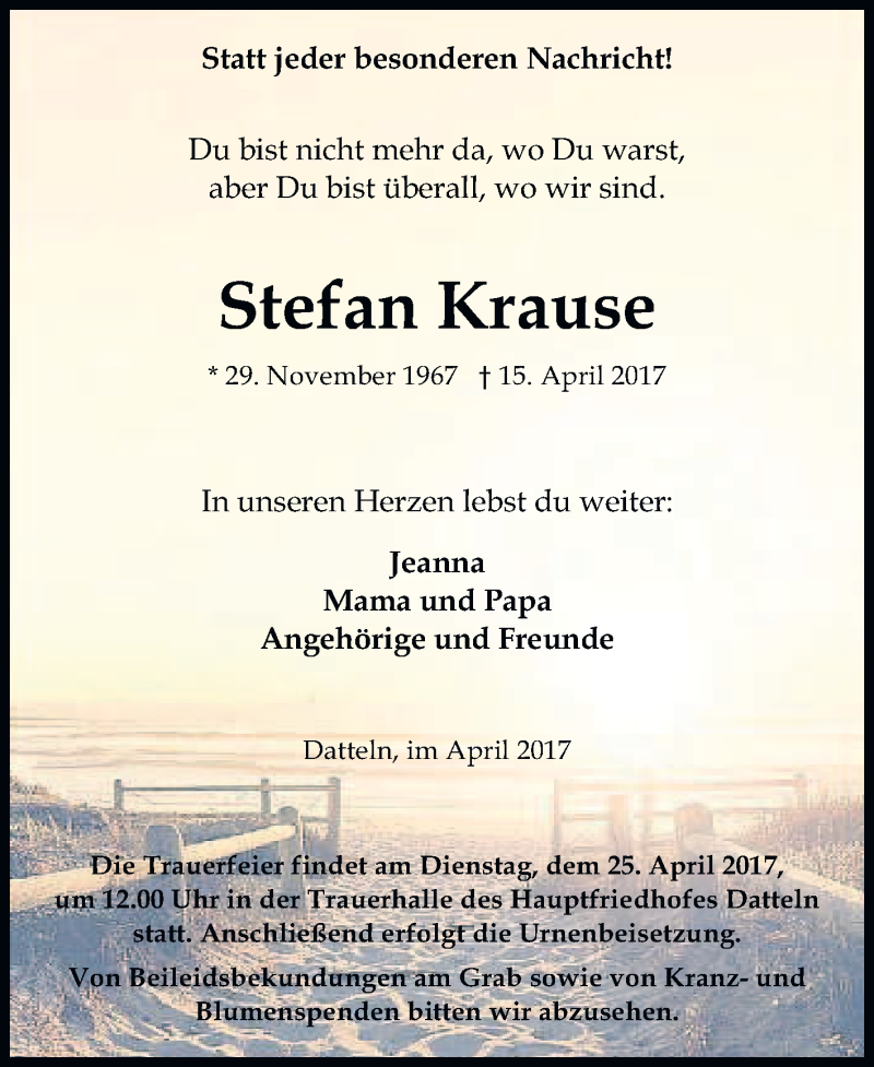  Traueranzeige für Stefan Krause vom 22.04.2017 aus Medienhaus Bauer