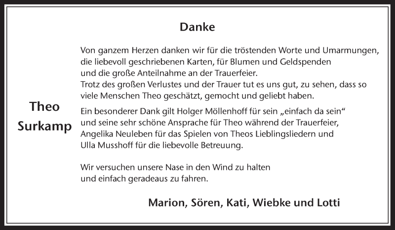 Traueranzeige für Theo Surkamp vom 08.04.2017 aus Medienhaus Bauer