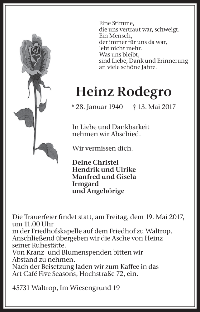  Traueranzeige für Heinz Rodegro vom 15.05.2017 aus Medienhaus Bauer