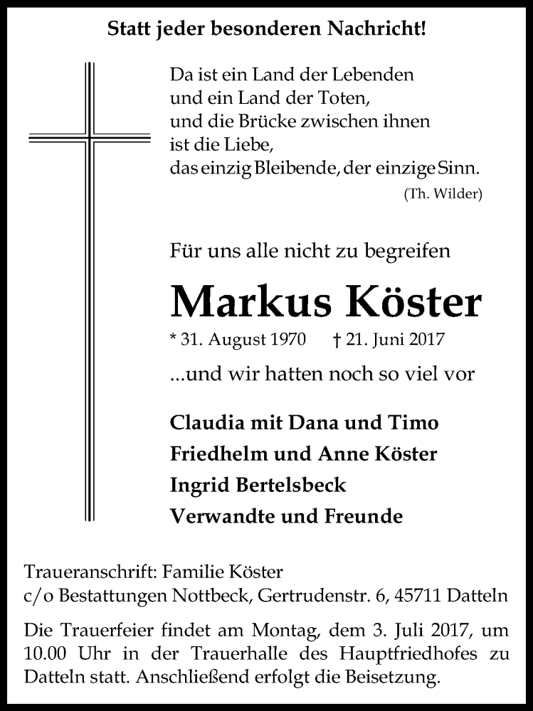  Traueranzeige für Markus Köster vom 28.06.2017 aus Medienhaus Bauer