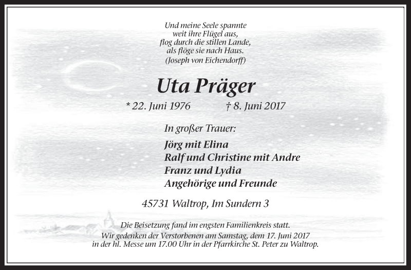  Traueranzeige für Uta Präger vom 15.06.2017 aus Medienhaus Bauer