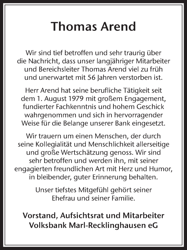  Traueranzeige für Thomas Arend vom 22.07.2017 aus Medienhaus Bauer