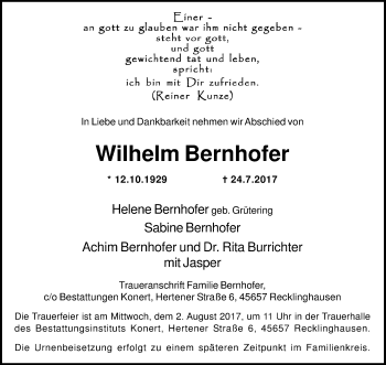 Traueranzeige von Wilhelm Bernhofer von Medienhaus Bauer