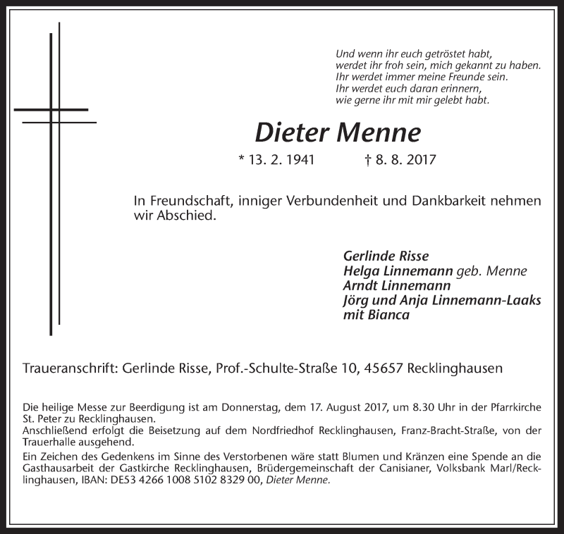  Traueranzeige für Dieter Menne vom 12.08.2017 aus Medienhaus Bauer