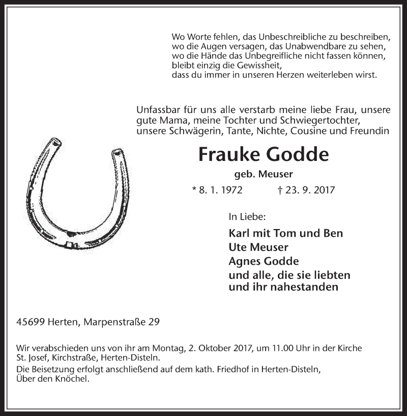  Traueranzeige für Frauke Godde vom 28.09.2017 aus Medienhaus Bauer