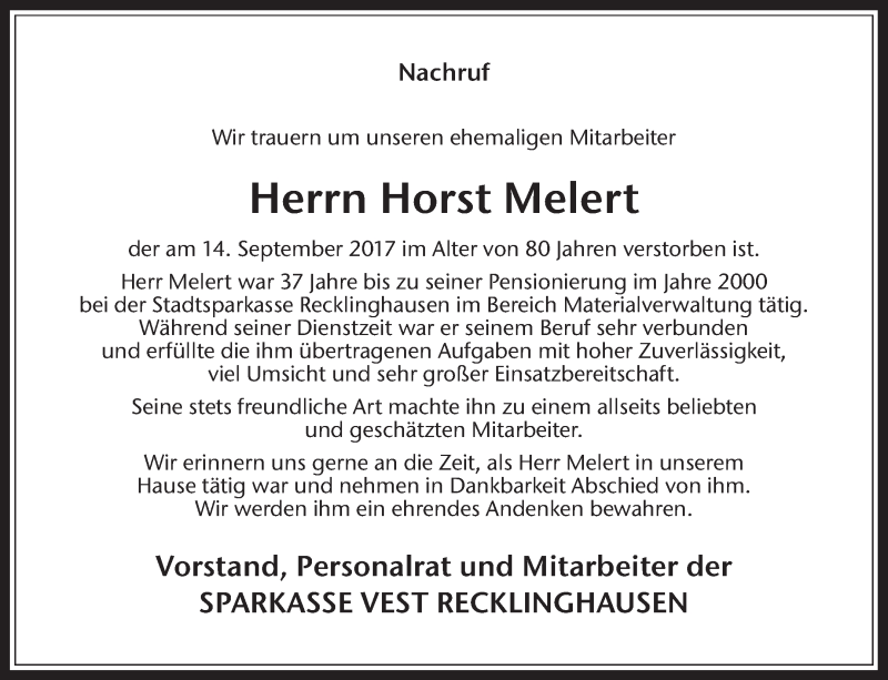  Traueranzeige für Horst Melert vom 26.09.2017 aus Medienhaus Bauer