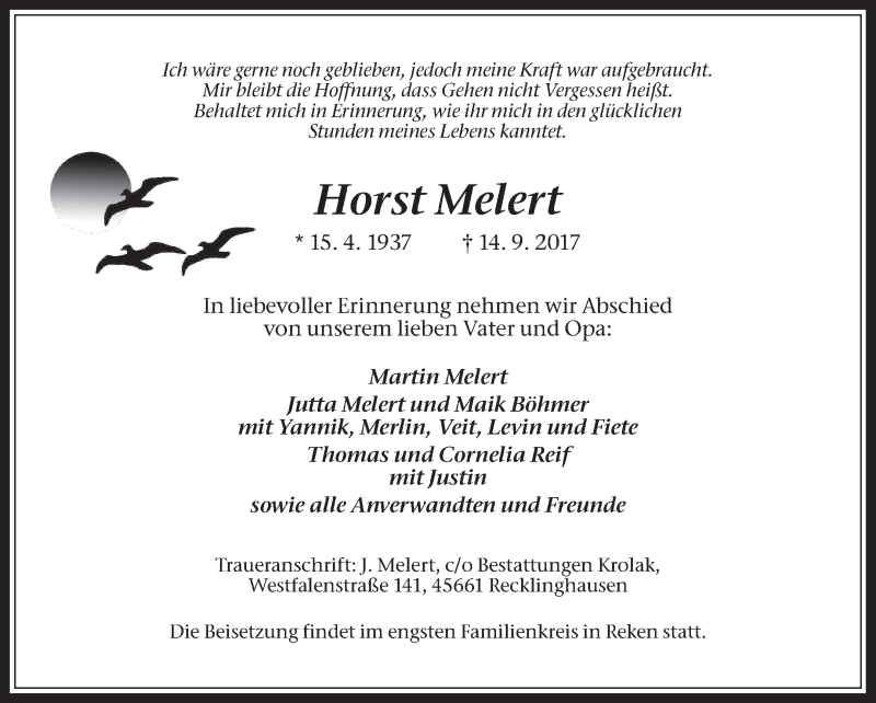  Traueranzeige für Horst Melert vom 22.09.2017 aus Medienhaus Bauer