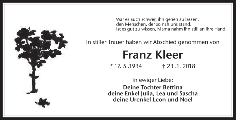  Traueranzeige für Franz Kleer vom 27.01.2018 aus Medienhaus Bauer