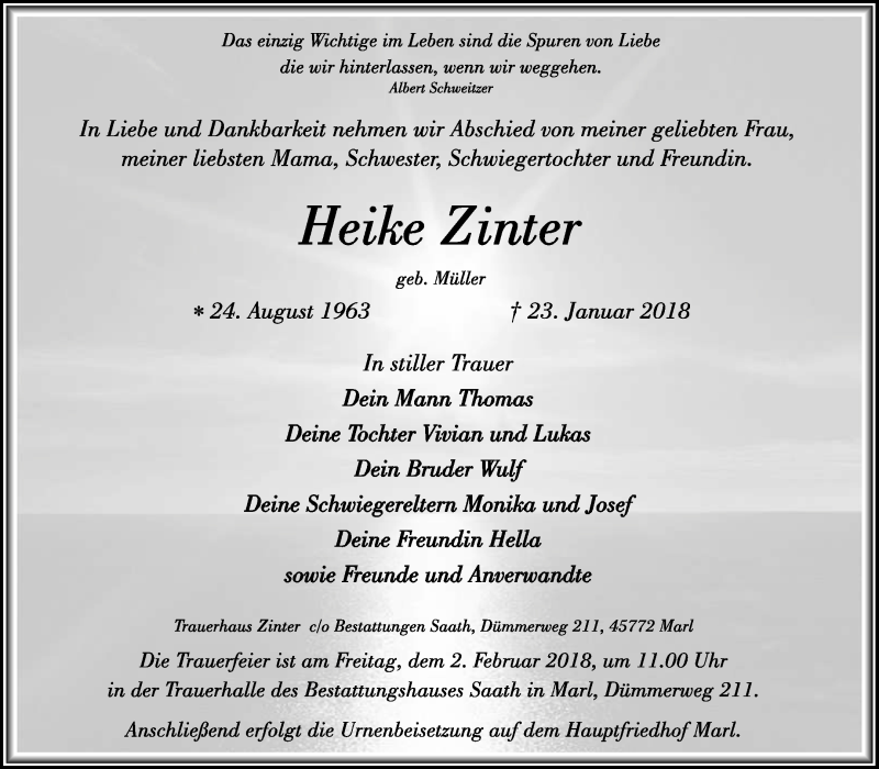  Traueranzeige für Heike Zinter vom 27.01.2018 aus Medienhaus Bauer