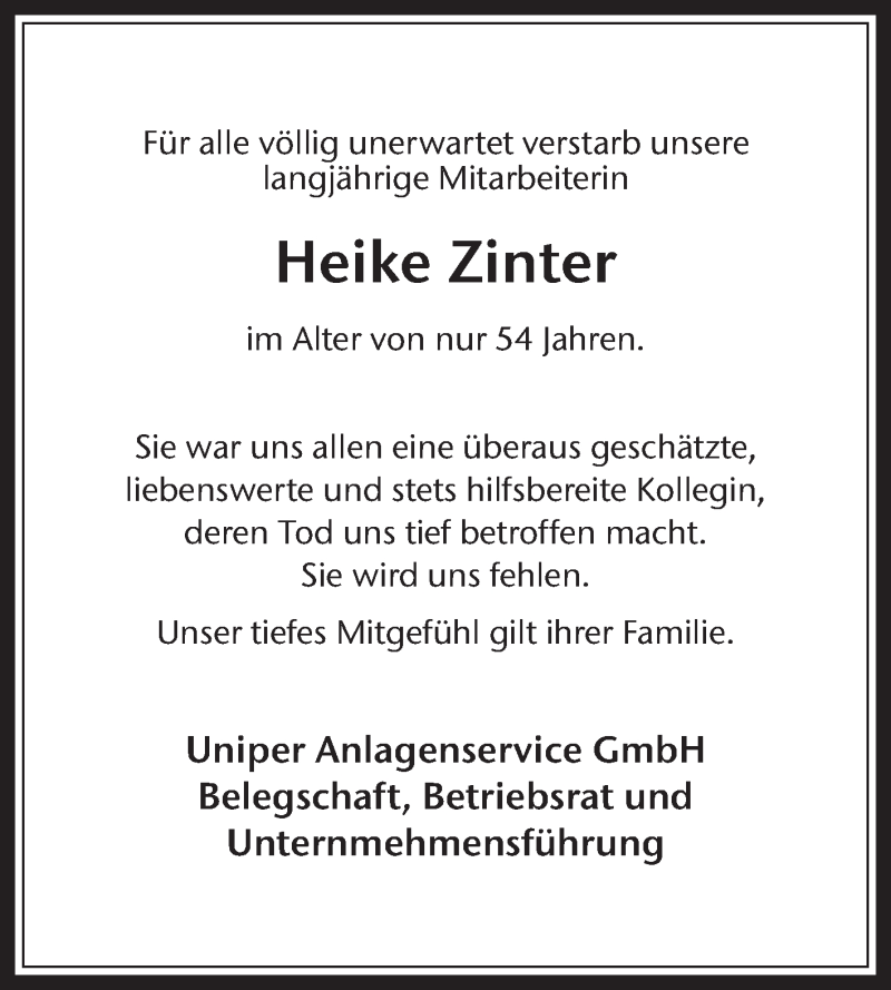  Traueranzeige für Heike Zinter vom 27.01.2018 aus Medienhaus Bauer