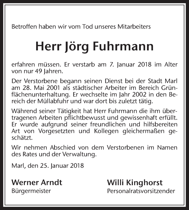  Traueranzeige für Jörg Fuhrmann vom 26.01.2018 aus Medienhaus Bauer