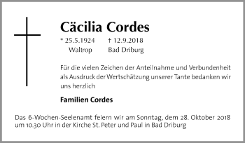 Traueranzeige von Cäcilia Cordes von Medienhaus Bauer