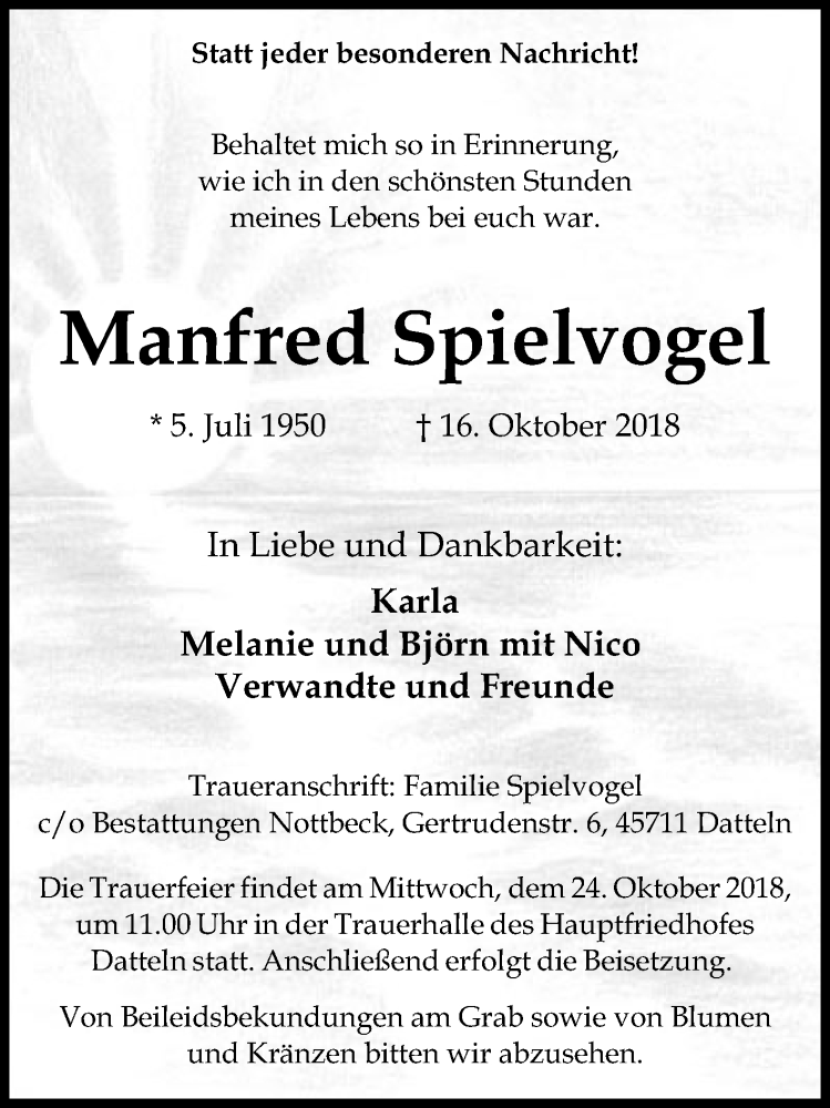  Traueranzeige für Manfred Spielvogel vom 20.10.2018 aus Medienhaus Bauer