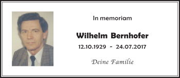 Traueranzeige von Wilhelm Bernhofer von Medienhaus Bauer
