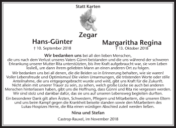 Traueranzeige von Hans-Günter und Margaritha Regina Zegar von Medienhaus Bauer
