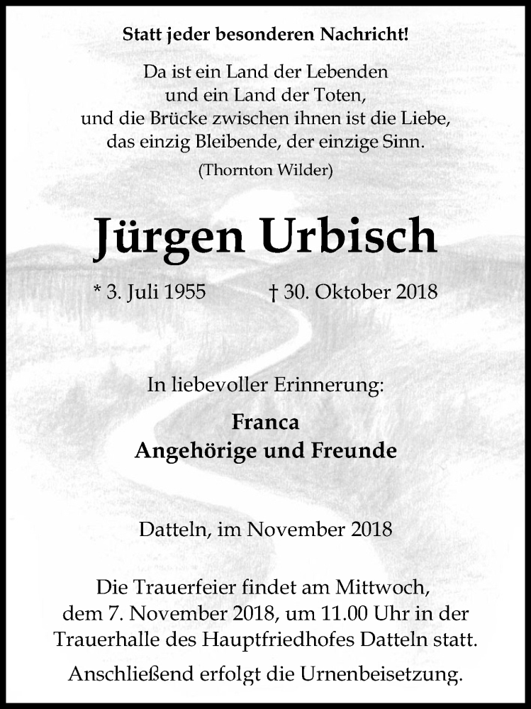  Traueranzeige für Jürgen Urbisch vom 03.11.2018 aus Medienhaus Bauer