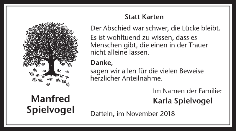  Traueranzeige für Manfred Spielvogel vom 17.11.2018 aus Medienhaus Bauer