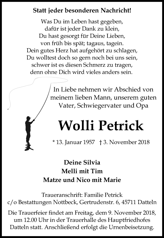  Traueranzeige für Wolli Petrick vom 07.11.2018 aus Medienhaus Bauer