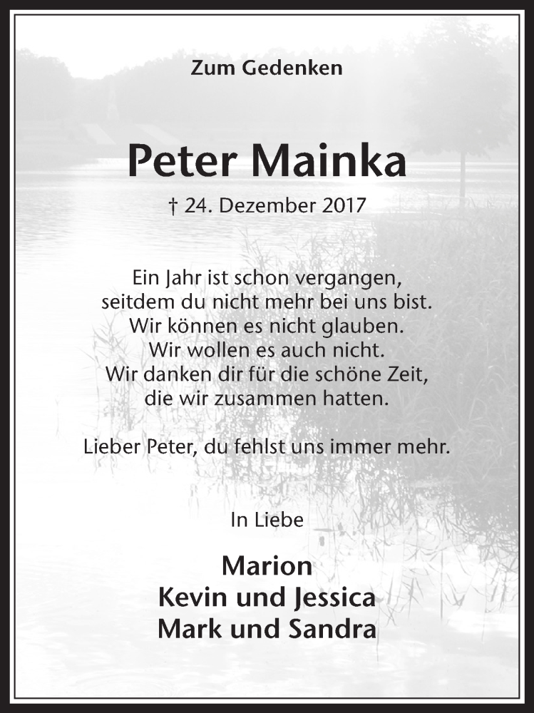  Traueranzeige für Peter Mainka vom 24.12.2018 aus Medienhaus Bauer