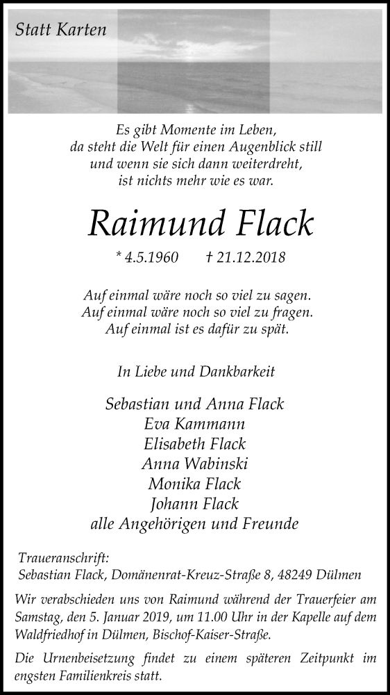  Traueranzeige für Raimund Flack vom 28.12.2018 aus Medienhaus Bauer