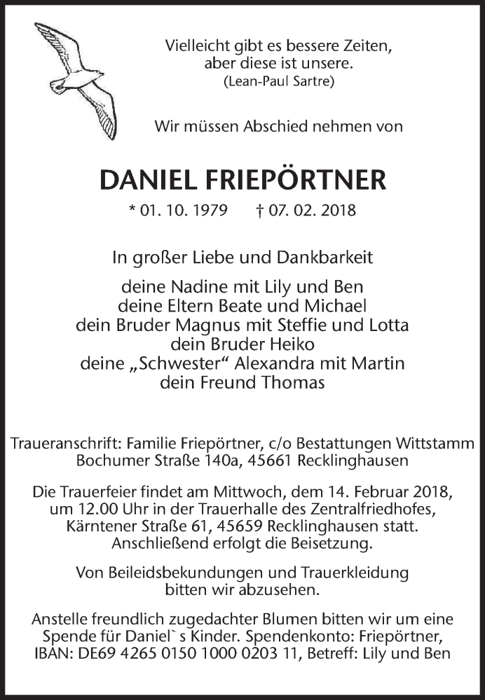  Traueranzeige für Daniel Friepörtner vom 10.02.2018 aus Medienhaus Bauer