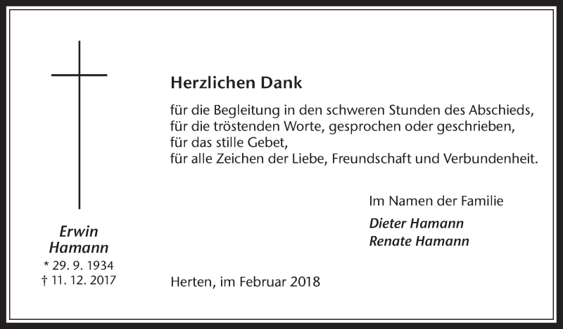  Traueranzeige für Erwin Hamann vom 03.02.2018 aus Medienhaus Bauer