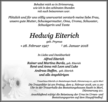 Traueranzeige von Hedwig Eiterich von Medienhaus Bauer