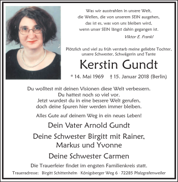 Traueranzeige von Kerstin Gundt von Medienhaus Bauer