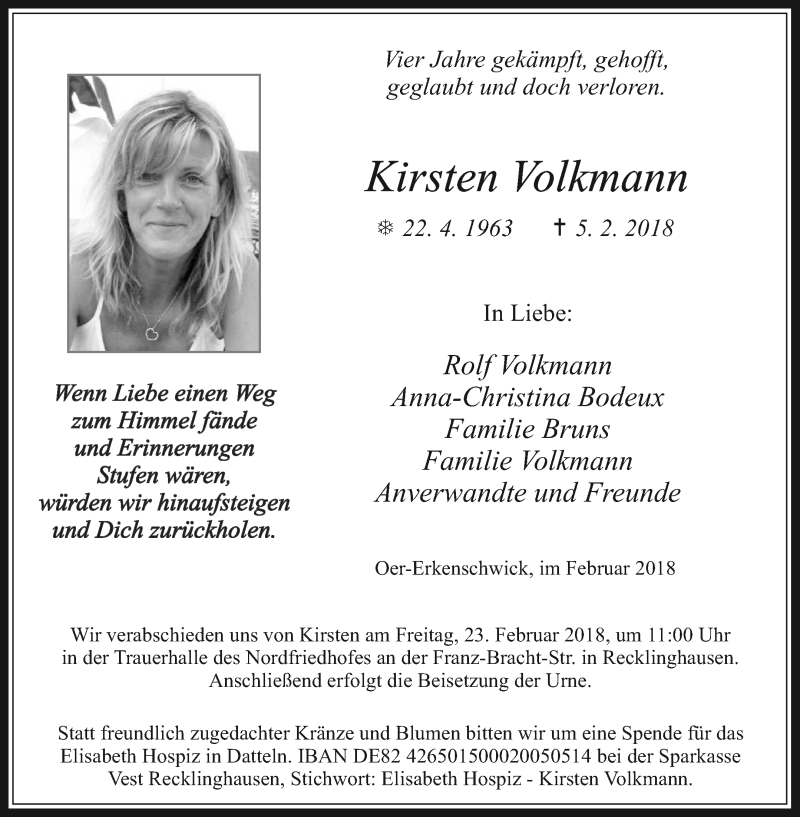  Traueranzeige für Kirsten Volkmann vom 10.02.2018 aus Medienhaus Bauer