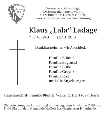 Traueranzeige von Klaus  Ladage von Medienhaus Bauer