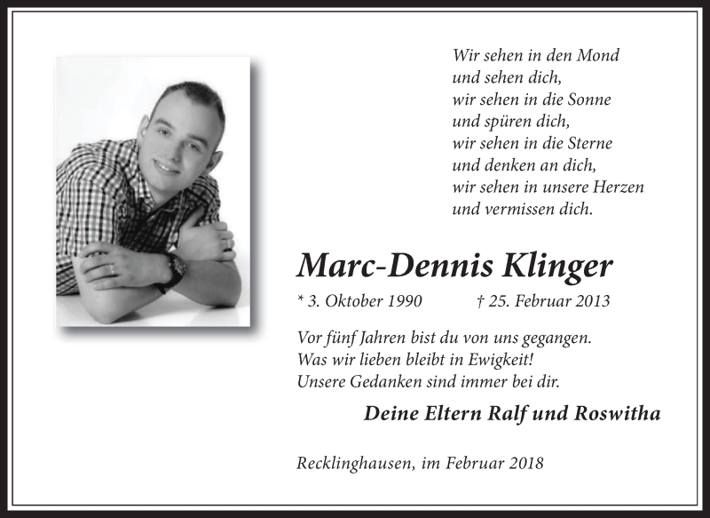  Traueranzeige für Marc-Dennis Klinger vom 24.02.2018 aus Medienhaus Bauer