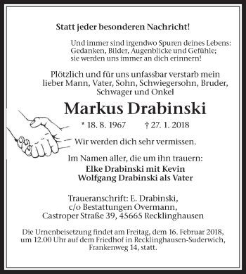 Traueranzeige von Markus Drabinski von Medienhaus Bauer