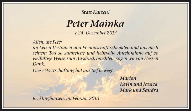  Traueranzeige für Peter Mainka vom 10.02.2018 aus Medienhaus Bauer