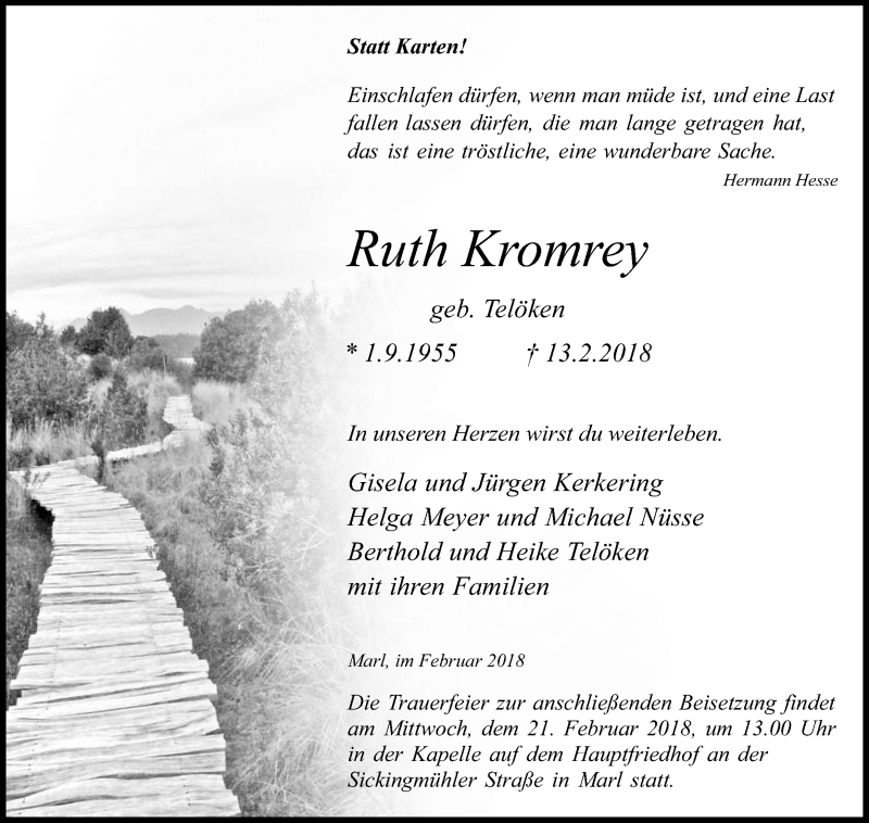  Traueranzeige für Ruth Kromrey vom 17.02.2018 aus Medienhaus Bauer