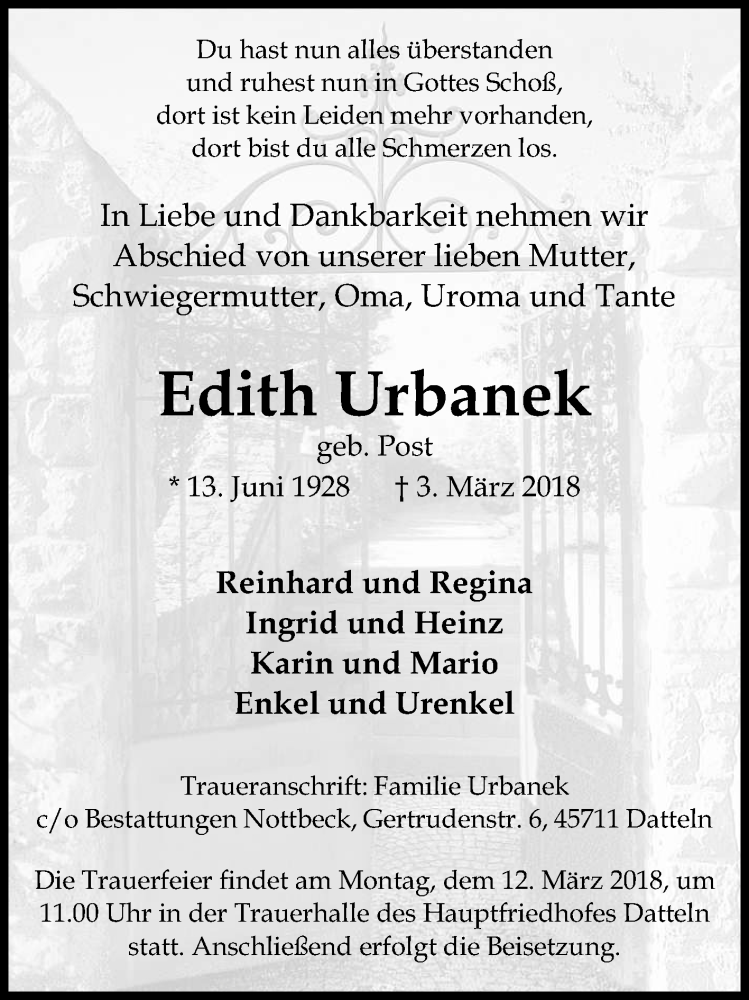  Traueranzeige für Edith Urbanek vom 07.03.2018 aus Medienhaus Bauer