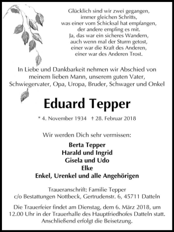 Traueranzeige von Eduard Tepper von Medienhaus Bauer