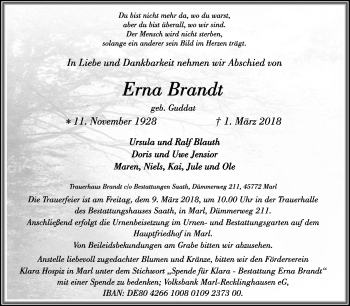 Traueranzeige von Erna Brandt von Medienhaus Bauer