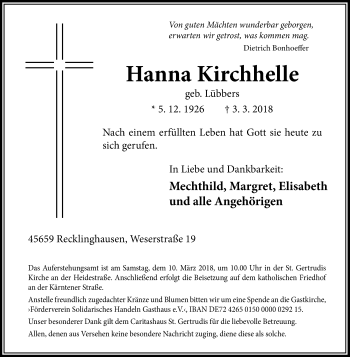 Traueranzeige von Hanna Kirchhelle von Medienhaus Bauer