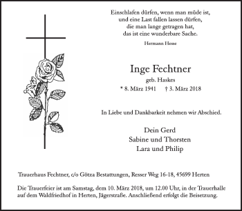 Traueranzeige von Inge Fechtner von Medienhaus Bauer