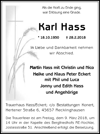 Traueranzeige von Karl Hass von Medienhaus Bauer