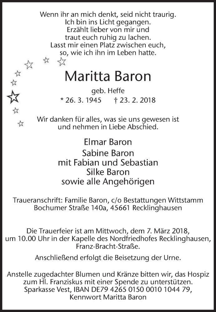  Traueranzeige für Maritta Baron vom 02.03.2018 aus Medienhaus Bauer
