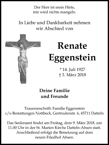 Traueranzeige von Renate Eggenstein von Medienhaus Bauer