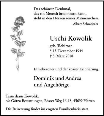 Traueranzeige von Uschi Kowolik von Medienhaus Bauer