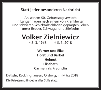 Traueranzeige von Volker Zielniewicz von Medienhaus Bauer