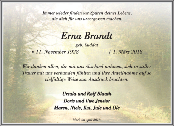 Traueranzeige von Erna Brandt von Medienhaus Bauer