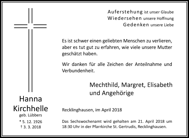  Traueranzeige für Hanna Kirchhelle vom 14.04.2018 aus Medienhaus Bauer