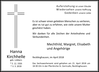 Traueranzeige von Hanna Kirchhelle von Medienhaus Bauer