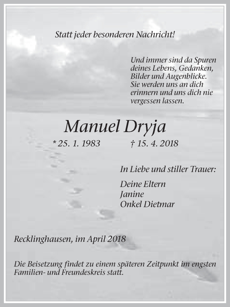  Traueranzeige für Manuel Dryja vom 21.04.2018 aus Medienhaus Bauer