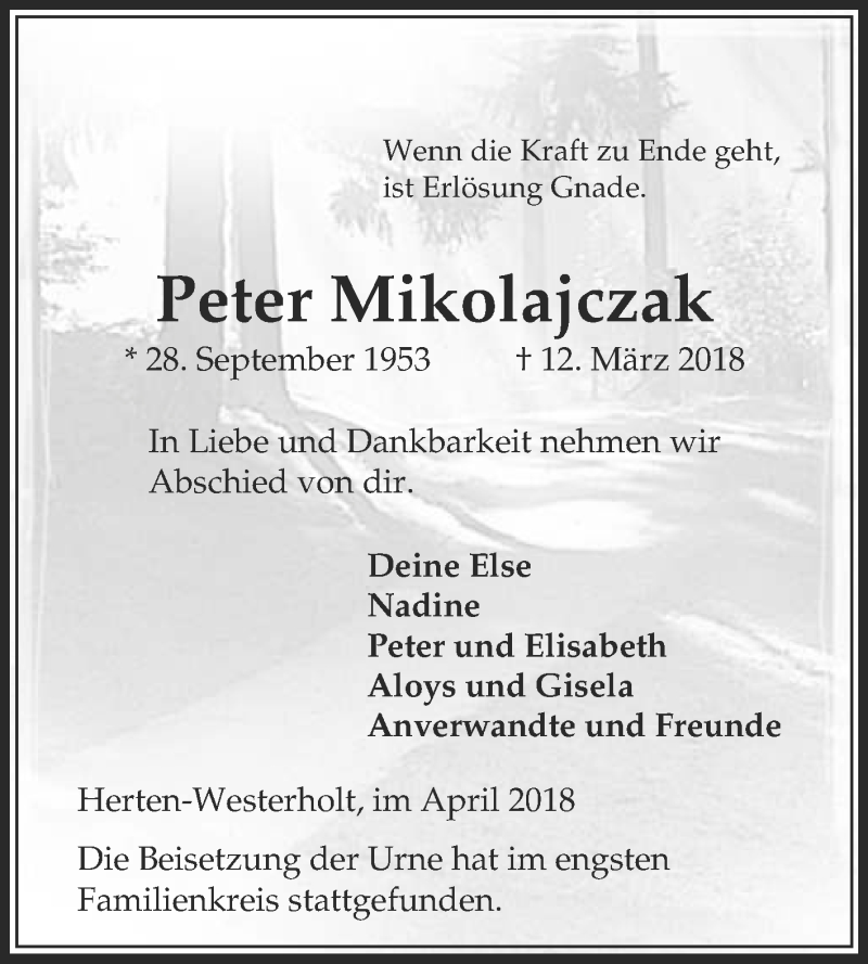 Traueranzeige für Peter Mikolajczak vom 04.04.2018 aus Medienhaus Bauer