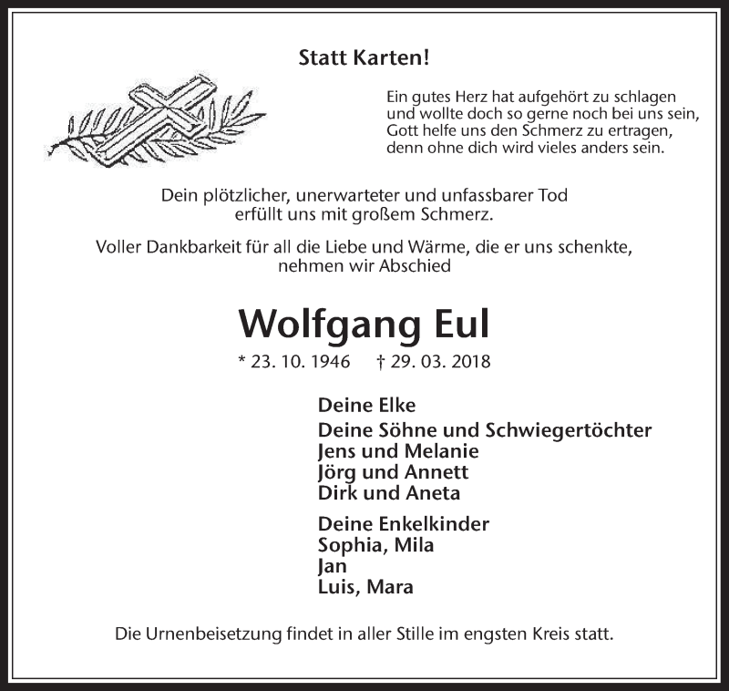  Traueranzeige für Wolfgang Eul vom 07.04.2018 aus Medienhaus Bauer